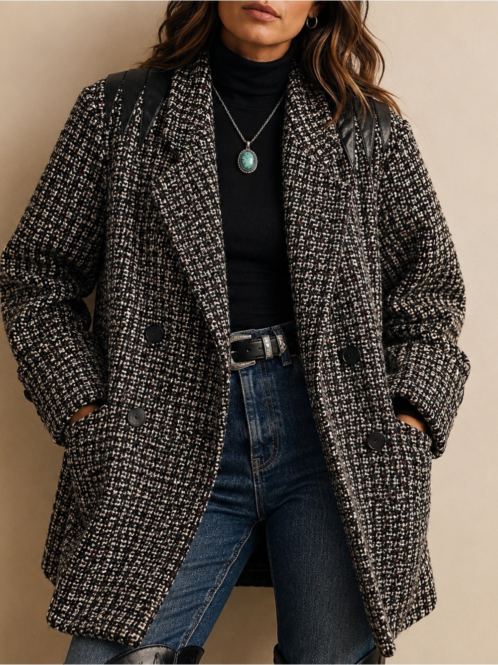 Vintage 80s Wool Tweed Coat Black Leather Western Shoulder Double Breasted